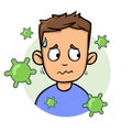 Worried boy looking at viruses flying around. Coronavirus prevention, world quarantine. Cartoon design icon. Colorful flat vector