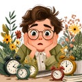 Worried Boy Surrounded by Alarm Clocks and Flowers Royalty Free Stock Photo
