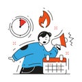 Worried business man screaming in megaphone deadline ends vector flat illustration