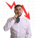 Worried businessman and illustration of falling down chart on white background. Economy recession concept Royalty Free Stock Photo