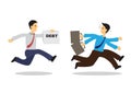 Worried businessman running away from his debt collector. Business concept of debtor, financial problem or bad economy