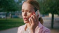 Worried ceo talking cell phone standing sunny street close up. Woman calling Royalty Free Stock Photo