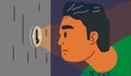 Worried dissatisfied man peeps through keyhole, peeping and peeking. Invade in privacy life, spy