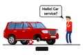 Worried driver calling roadside assistance to help with his breakdown car vector illustration.