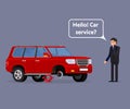 Worried driver calling roadside assistance to help with his breakdown car vector illustration.