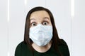 Worried and fearful woman in medical mask - distancing from corona virus covid-19 , surprised, amazed and cry, isolated