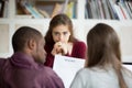 Worried female applicant waiting for decision at job interview Royalty Free Stock Photo