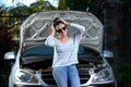 Worried girl broken car Royalty Free Stock Photo