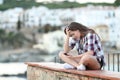 Worried girl checking smart phone content Royalty Free Stock Photo