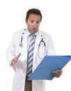 Worried male medicine doctor with stethoscope in medical gown reading clipboard diagnostic stressed