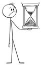 Worried Man or Businessman Holding Hourglass or Sandglass, Vector Cartoon Stick Figure Illustration