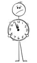 Worried Man or Businessman Holding Wall Clock, Vector Cartoon Stick Figure Illustration