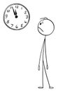 Worried Man or Businessman Watching Wall Clock, Vector Cartoon Stick Figure Illustration