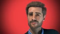 Worried man in his forties with a beard emotional portrait on red background 3D illustration