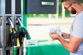 Worried man shocked how much gasoline costs. Royalty Free Stock Photo