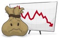 Worried Money Bag Seeing the Decreasing Chart due Economic Recession, Vector Illustration