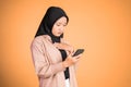 worried muslim woman in hijab using a cell phone Royalty Free Stock Photo