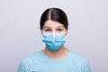 Worried nurse, doctor or scientist portrait behind facemask Royalty Free Stock Photo