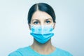 Worried nurse, doctor or scientist portrait behind facemask Royalty Free Stock Photo