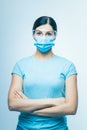 Worried nurse, doctor or scientist portrait behind facemask and protective glasses Royalty Free Stock Photo