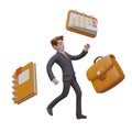Worried office worker, businessman. Male character in business suit, calendar, notebook, briefcase