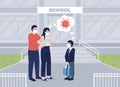 Worried parents see their son off to lessons flat color vector illustration