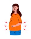 Worried Pregnant woman stomach ache. Mother in bad condition. Sickness, Pregnancy symptoms, motherhood, Health problem