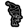 worried quirky cartoon icon of a boy wearing santa hat