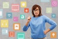 Worried senior woman pointing to lock icon Royalty Free Stock Photo