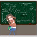 Worried student looking at chalkboard . 3D
