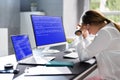 Worried Woman At Computer With System Failure Screen Royalty Free Stock Photo