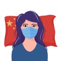 Worried woman in medical mask over China flag