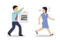 Worried woman running away from his debt collector. Business concept of debtor, financial problem or bad economy