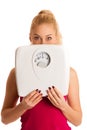 Worried woman standing on scale measuring weight Royalty Free Stock Photo