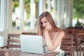 Worried woman using the laptop Royalty Free Stock Photo