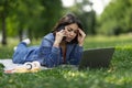 Worried Young Arab Woman Talking On Cellphone And Using Laptop Outdoors Royalty Free Stock Photo