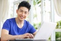 Worried Young Chinese Man Using Laptop At Home