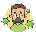 Worried young guy in a gas mask looking at viruses around him. Coronavirus prevention, world quarantine. Cartoon design icon.