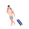 Worried young man traveler carrying luggage bag talking by mobile phone isolated on white background