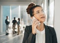 Worry, business woman and phone call in office with stress, anxiety and thinking about solution. Worried female worker Royalty Free Stock Photo