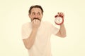 Worry about time. Personal schedule and daily regime. Alarm clock morning time. Man bearded mature guy hold clock