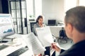 Curly dark-haired secretary feeling worried having job interview Royalty Free Stock Photo