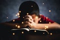 Worship christian with bible concept. Young boy person hand holding holy bible with study at home. Adult female christian reading Royalty Free Stock Photo