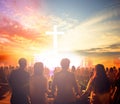 Worship concept:Silhouette people looking for the cross on sunrise background Royalty Free Stock Photo
