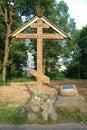 Worship cross on `Ancient Pereslavl road` and a memorial stone, Semkhoz, Sergiev Posad, Moscow region, Russia