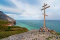 Worship cross (wayside cross) on the coast of the Bering Strait