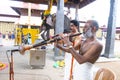 Musian and the elephant are in the temple At Kerala, India.