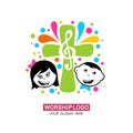 Worship logo. Children glorify God, sing glory and praise to Him