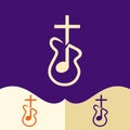 Worship logo. Cristian symbols. Cross of Jesus, musical note and guitar.