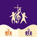 Worship logo. Cristian symbols. Cross, musical note and worshiping Jesus